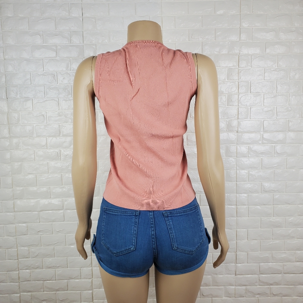 Small Peach Tattered Stretchy Top – Casual Distressed Fitted Tee - Picture 4 of 5